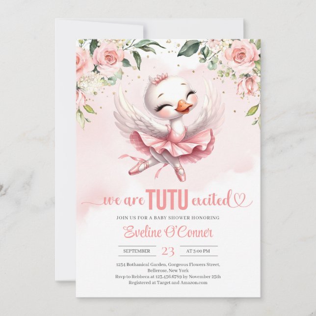 Swan tutu ballerina dress Rose gold floral Invitation (Front)