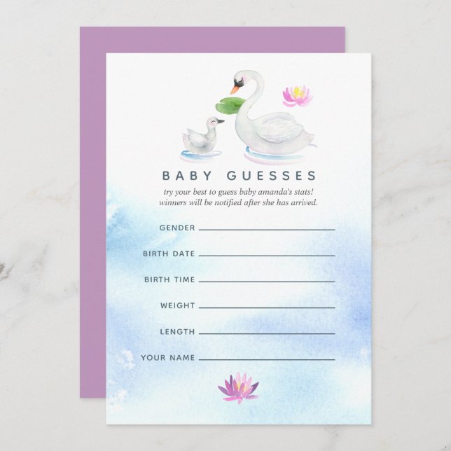 Swan Watercolor Baby Shower Guessing Game Invitation (Front/Back)