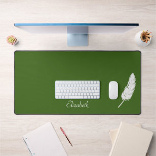 Swan White Feather & Script Calligraphy on Green Desk Mat