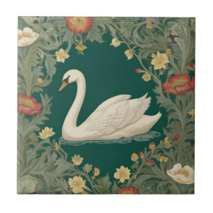 Swan William Morris style Left facing Teal Green Tile
