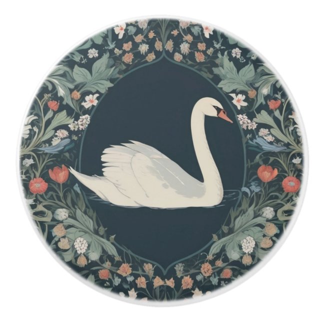 Swan William Morris style Right facing Floral Ceramic Knob (Front)