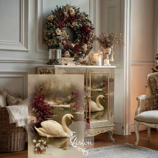 Swan Winter Landscape Christmas Tissue Paper (Swan winter landscape print displayed against cream cabinet showing full design with burgundy flora)