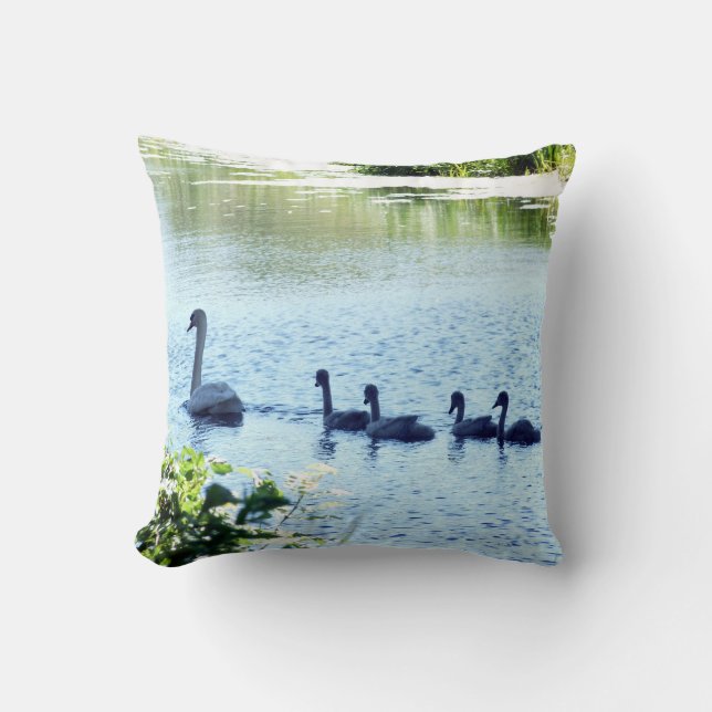 Swan With Cygnets on River Cushion (Front)