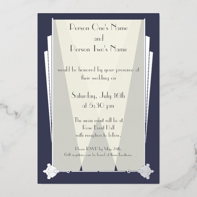 Swanky Art Deco in Blue Foil Invitation (Front)