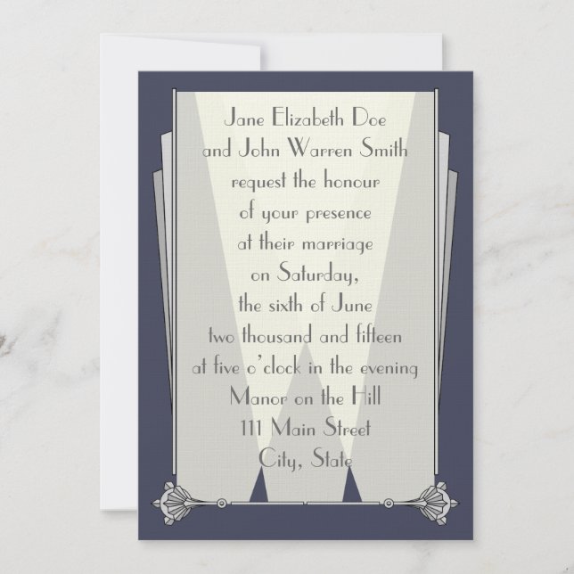 Swanky Art Deco in Blue Wedding Invitation (Front)
