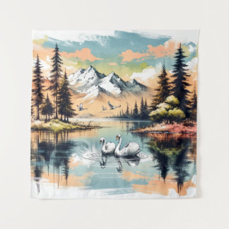 Swans Amidst the Mountains: Alpine Serenity Tapestry