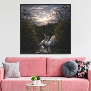 Swans Among Reeds In Moonlight Canvas Print