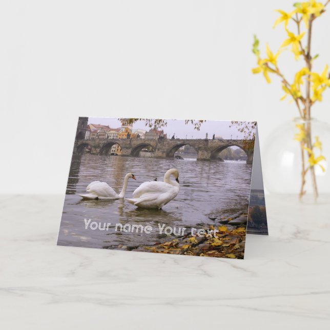 Swans and Charles bridge in Prague Card (Yellow Flower)