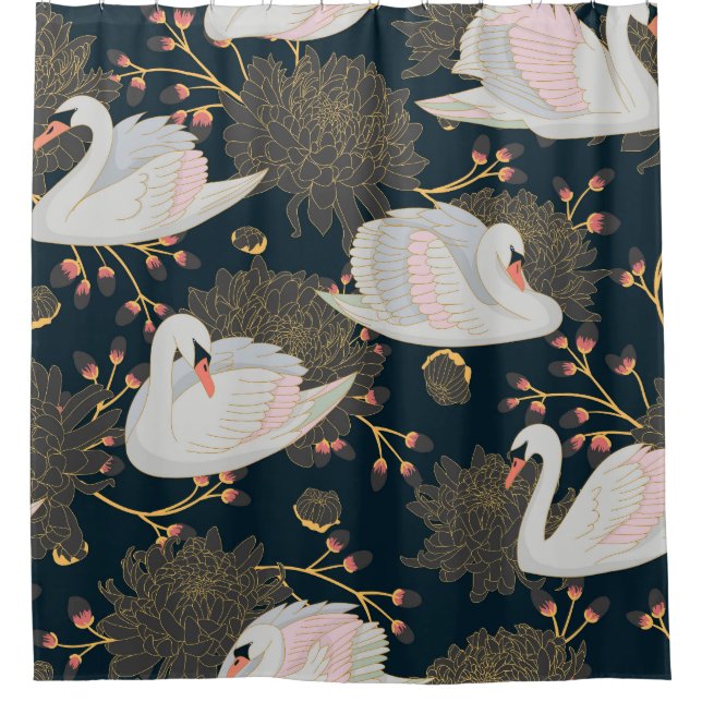 Swans and chrysanthemums, natural pattern. shower curtain (Front)