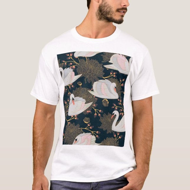 Swans and chrysanthemums, natural pattern. T-Shirt (Front)