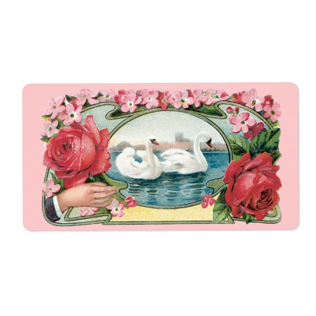 Swans and Roses Vintage Art Large Label (Front)