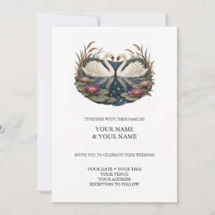 Swans at Dusk Romantic Pond Wedding Invitation