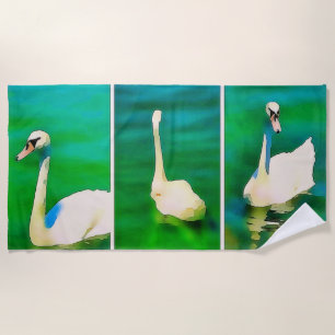 Swans at Lake Balaton – triptych Beach Towel