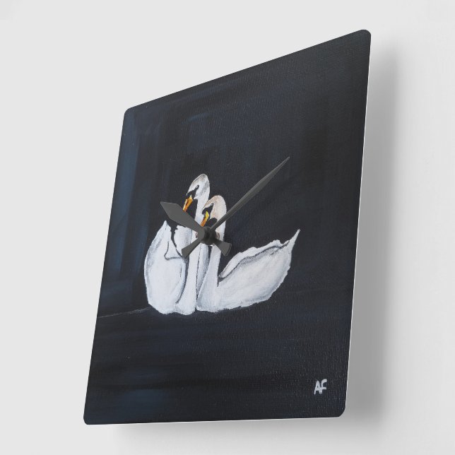 Swans at Night Painting by Alfred Fox Square Wall Clock (Angle)