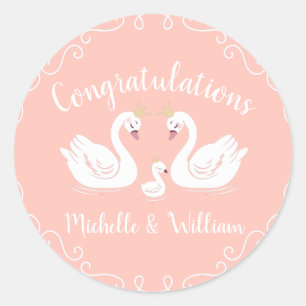 Swans Baby Shower Bird with Crown Co-Ed Peach Classic Round Sticker