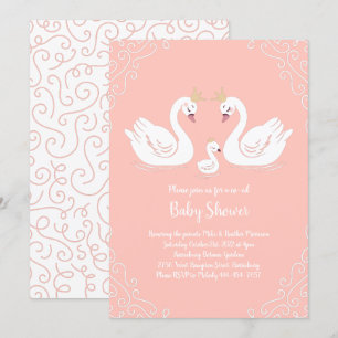 Swans Baby Shower Bird with Crown Co-Ed Peach Invitation