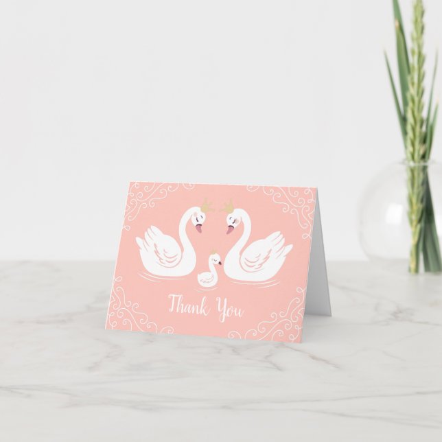 Swans Baby Shower Bird with Crown Co-Ed Peach Thank You Card (Front)