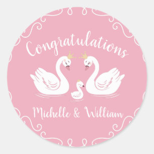 Swans Baby Shower Bird with Crown Co-Ed Pink Classic Round Sticker