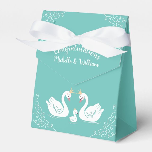Swans Baby Shower Bird with Crown Co-Ed Teal Favour Box (Front Side)
