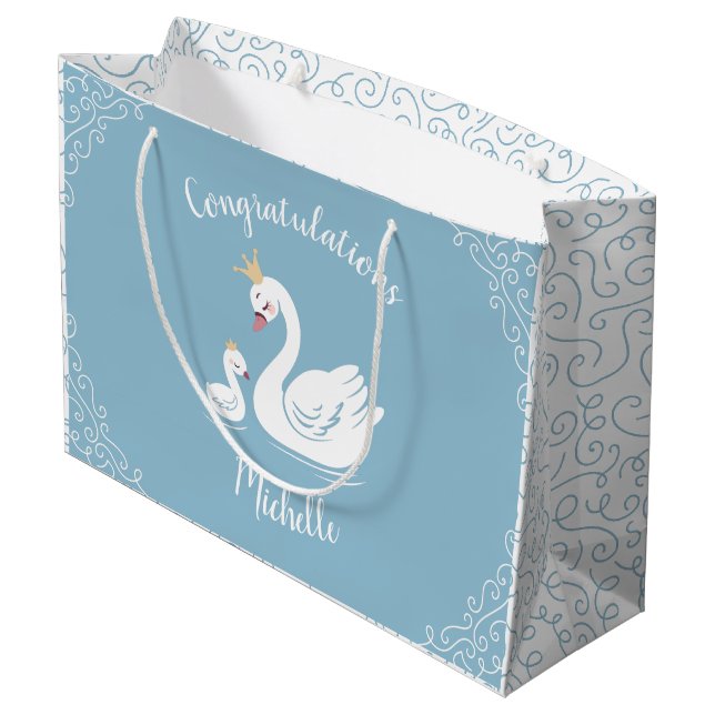 Swans Baby Shower Bird with Crown Theme Blue Large Gift Bag (Back Angled)