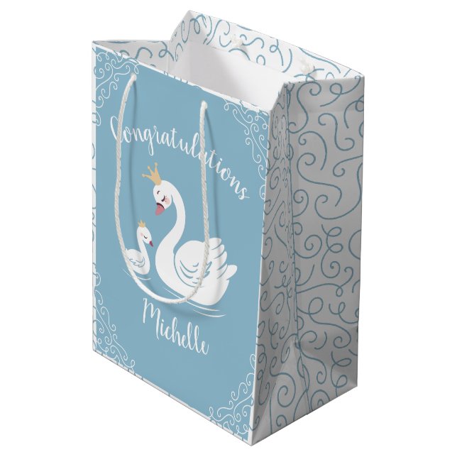 Swans Baby Shower Bird with Crown Theme Blue Medium Gift Bag (Back Angled)
