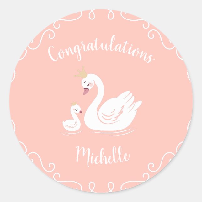 Swans Baby Shower Bird with Crown Theme Peach Classic Round Sticker (Front)