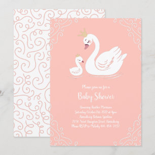 Swans Baby Shower Bird with Crown Theme Peach Invitation
