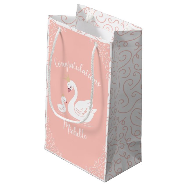 Swans Baby Shower Bird with Crown Theme Peach Small Gift Bag (Back Angled)
