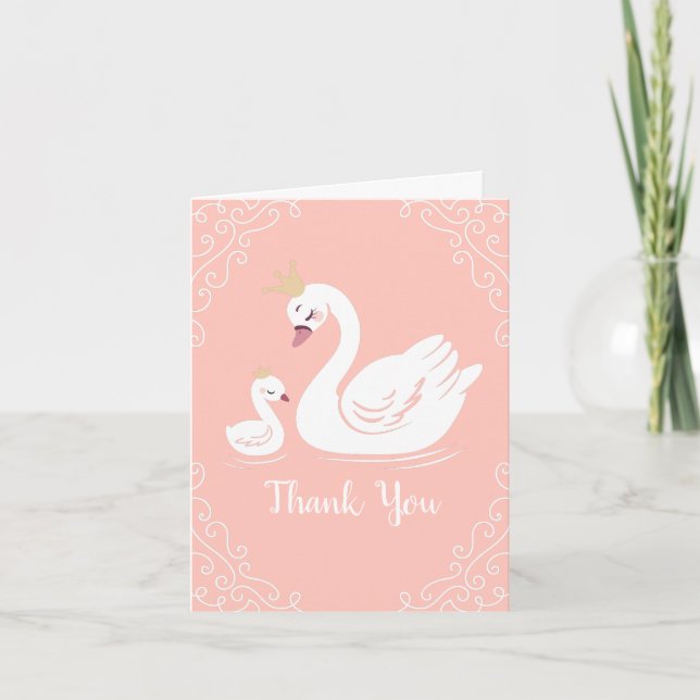 Swans Baby Shower Bird with Crown Theme Peach Thank You Card (Front)