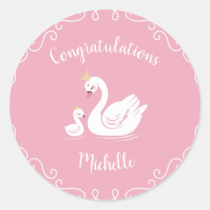 Swans Baby Shower Bird with Crown Theme Pink Classic Round Sticker