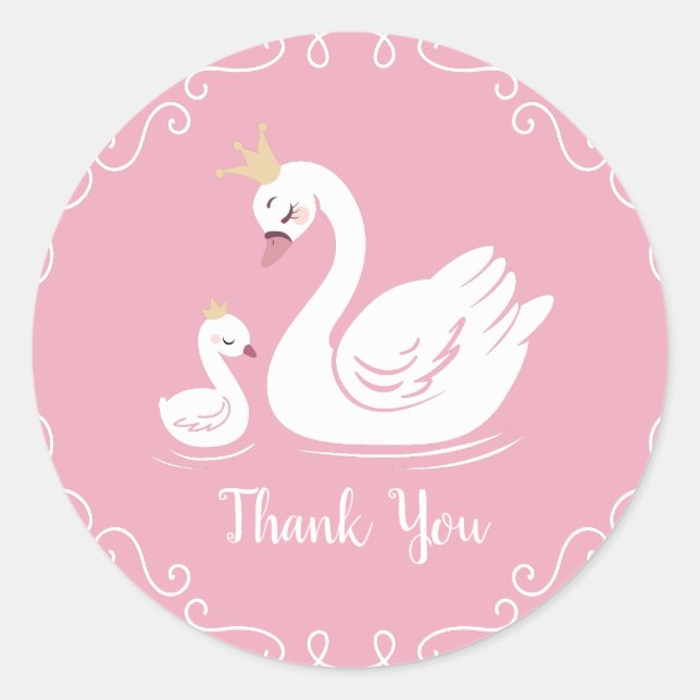 Swans Baby Shower Bird with Crown Theme Pink Classic Round Sticker (Front)