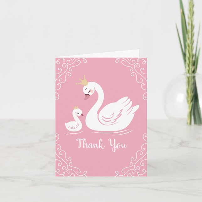 Swans Baby Shower Bird with Crown Theme Pink Thank You Card (Front)