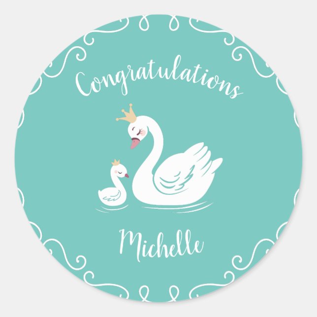 Swans Baby Shower Bird with Crown Theme Teal Classic Round Sticker (Front)
