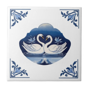 Swans Delft Blue and White Floral Corners Swan Tile