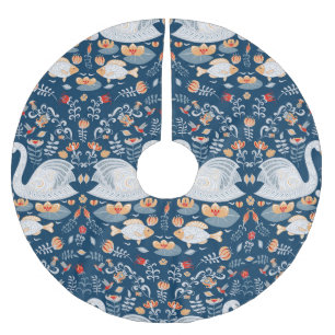 Swans, fish, flowers, folk pattern. brushed polyester tree skirt