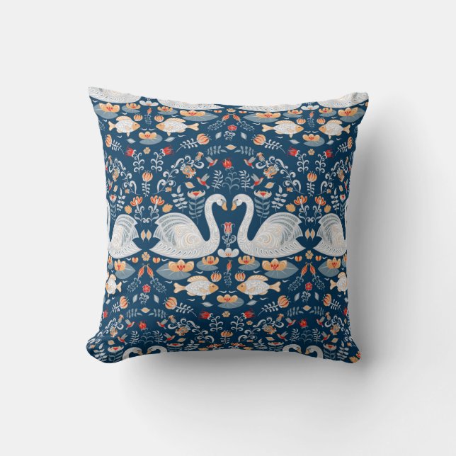 Swans, fish, flowers, folk pattern. cushion (Front)