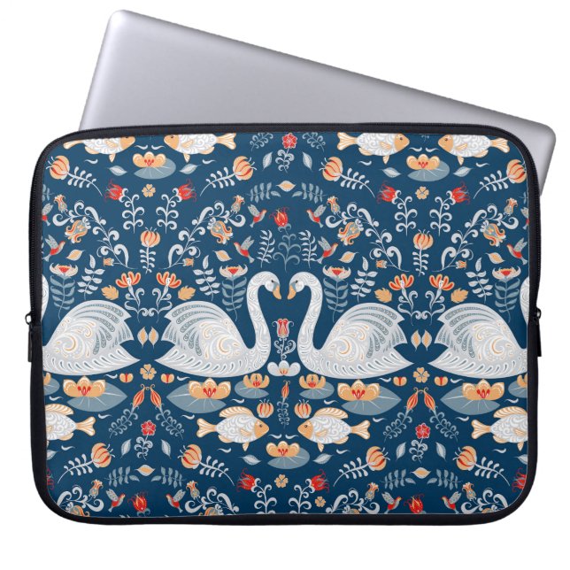 Swans, fish, flowers, folk pattern. laptop sleeve (Front)