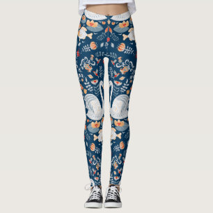 Swans, fish, flowers, folk pattern. leggings