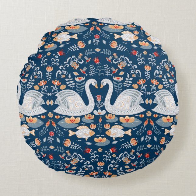 Swans, fish, flowers, folk pattern. round cushion (Front)
