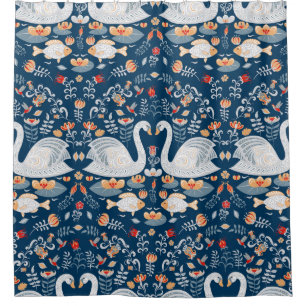 Swans, fish, flowers, folk pattern. shower curtain