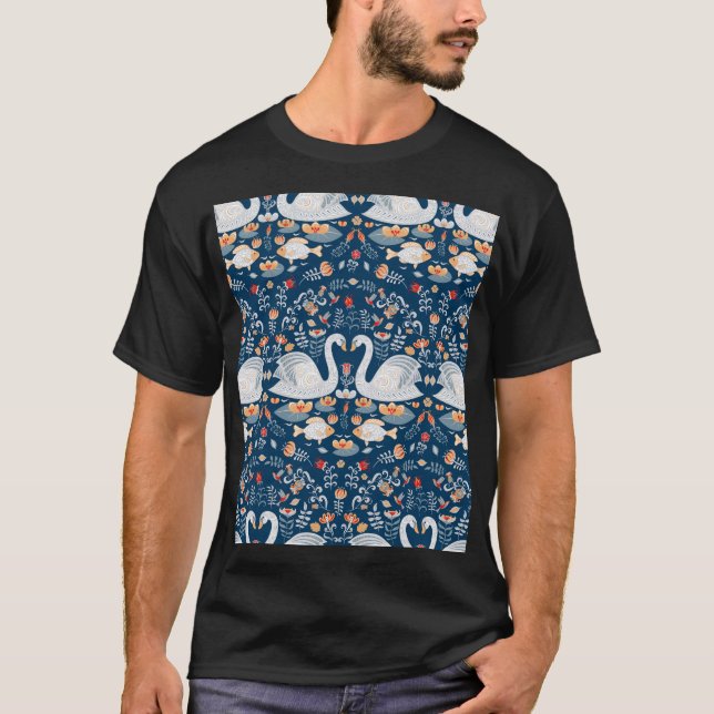 Swans, fish, flowers, folk pattern. T-Shirt (Front)