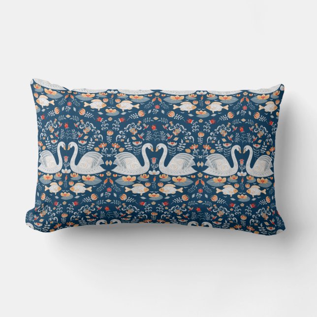 Swans,fish,flowers on a blue background. Decorativ Lumbar Cushion (Front)