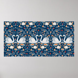 Swans,fish,flowers on a blue background. Decorativ Poster