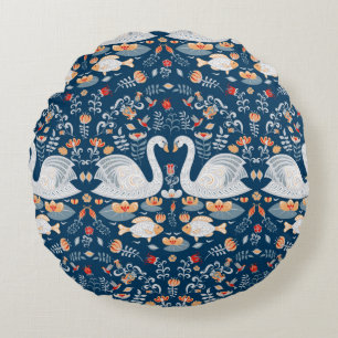 Swans,fish,flowers on a blue background. Decorativ Round Cushion