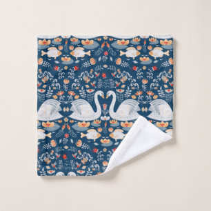 Swans,fish,flowers on a blue background. Decorativ Wash Cloth