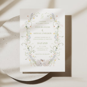 Swans Floral Frame Monogram Wedding  Invitation