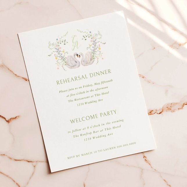 Swans Floral Monogram Crest Rehearsal Dinner Invitation (Creator Uploaded)
