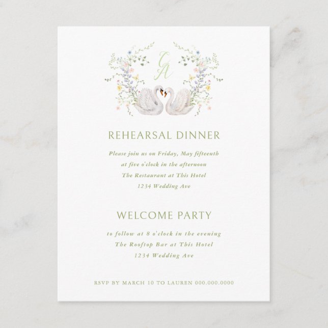 Swans Floral Monogram Crest Rehearsal Dinner Invitation (Front)