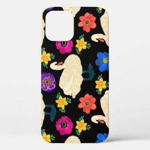 Swans, flowers, hand-drawn black background. iPhone 12 case