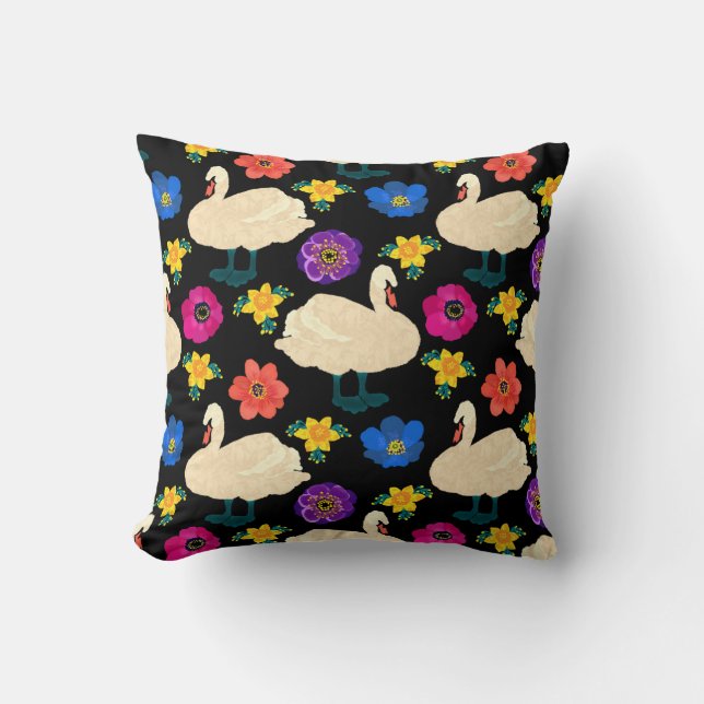 Swans, flowers, hand-drawn black background. cushion (Front)